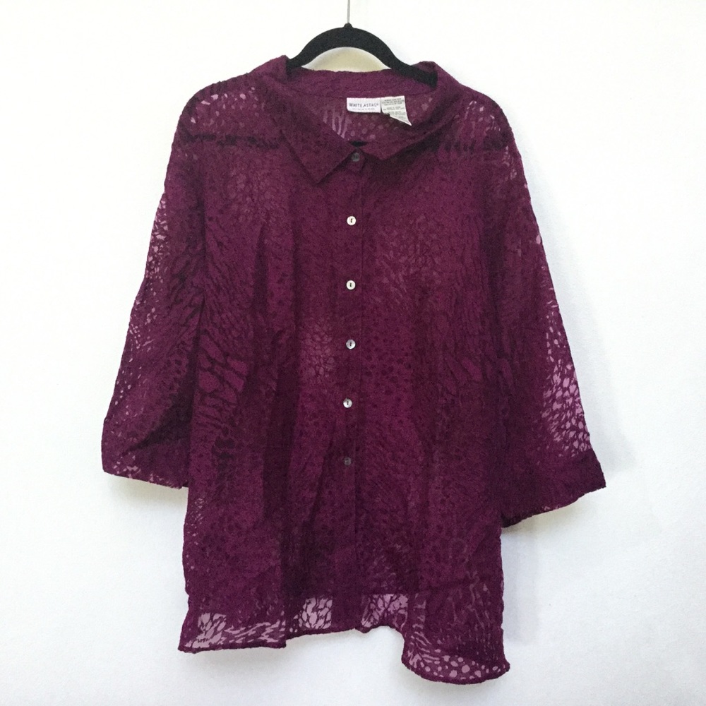 White Stag Purple Animal Print Sheer Button Down Short Sleeve  Size 26W/28W